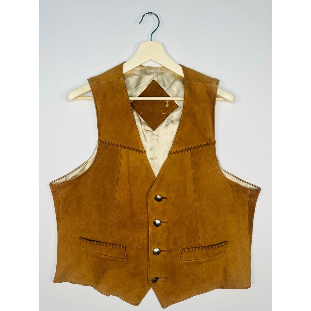 Vintage 1970’s Tan Suede Western Vest with Buffalo Nickel Buttons and Braid Trim